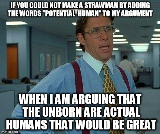 That Would Be Great Meme | IF YOU COULD NOT MAKE A STRAWMAN BY ADDING THE WORDS "POTENTIAL  HUMAN" TO MY ARGUMENT WHEN I AM ARGUING THAT THE UNBORN ARE ACTUAL HUMANS T | image tagged in memes,that would be great | made w/ Imgflip meme maker