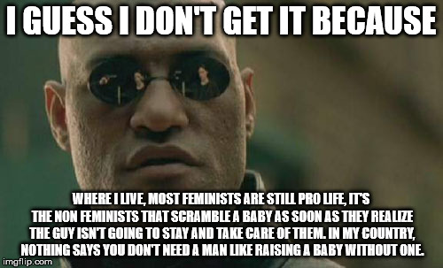 I GUESS I DON'T GET IT BECAUSE WHERE I LIVE, MOST FEMINISTS ARE STILL PRO LIFE, IT'S THE NON FEMINISTS THAT SCRAMBLE A BABY AS SOON AS THEY  | image tagged in memes,matrix morpheus | made w/ Imgflip meme maker