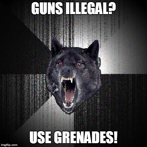 Insanity Wolf | GUNS ILLEGAL? USE GRENADES! | image tagged in memes,insanity wolf | made w/ Imgflip meme maker