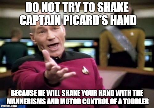 Picard Wtf | DO NOT TRY TO SHAKE CAPTAIN PICARD'S HAND BECAUSE HE WILL SHAKE YOUR HAND WITH THE MANNERISMS AND MOTOR CONTROL OF A TODDLER | image tagged in memes,picard wtf | made w/ Imgflip meme maker