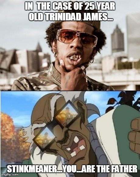 IN  THE CASE OF 25 YEAR OLD TRINIDAD JAMES... STINKMEANER...YOU...ARE THE FATHER | image tagged in trinidad meaner | made w/ Imgflip meme maker