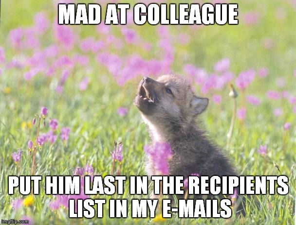 Baby Insanity Wolf Meme | MAD AT COLLEAGUE PUT HIM LAST IN THE RECIPIENTS LIST IN MY E-MAILS | image tagged in memes,baby insanity wolf | made w/ Imgflip meme maker