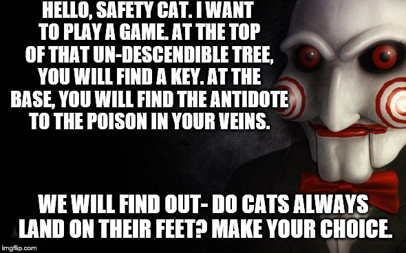 Jigsaw | HELLO, SAFETY CAT. I WANT TO PLAY A GAME. AT THE TOP OF THAT UN-DESCENDIBLE TREE, YOU WILL FIND A KEY. AT THE BASE, YOU WILL FIND THE ANTIDO | image tagged in jigsaw | made w/ Imgflip meme maker
