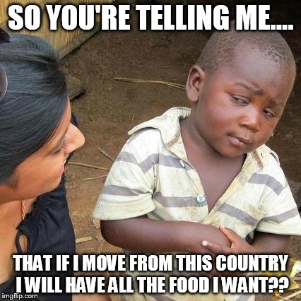 Third World Skeptical Kid Meme | SO YOU'RE TELLING ME.... THAT IF I MOVE FROM THIS COUNTRY I WILL HAVE ALL THE FOOD I WANT?? | image tagged in memes,third world skeptical kid | made w/ Imgflip meme maker