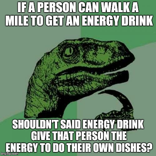 Philosoraptor | IF A PERSON CAN WALK A MILE TO GET AN ENERGY DRINK SHOULDN'T SAID ENERGY DRINK GIVE THAT PERSON THE ENERGY TO DO THEIR OWN DISHES? | image tagged in memes,philosoraptor | made w/ Imgflip meme maker