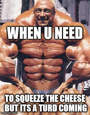 body building gone wrong | WHEN U NEED TO SQUEEZE THE CHEESE BUT ITS A TURD COMING | image tagged in bodybuilder | made w/ Imgflip meme maker