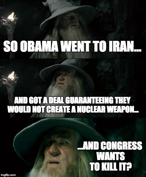 Confused Gandalf | SO OBAMA WENT TO IRAN... AND GOT A DEAL GUARANTEEING THEY WOULD NOT CREATE A NUCLEAR WEAPON... ...AND CONGRESS WANTS TO KILL IT? | image tagged in memes,confused gandalf | made w/ Imgflip meme maker