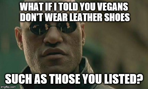 Matrix Morpheus Meme | WHAT IF I TOLD YOU VEGANS DON'T WEAR LEATHER SHOES SUCH AS THOSE YOU LISTED? | image tagged in memes,matrix morpheus | made w/ Imgflip meme maker