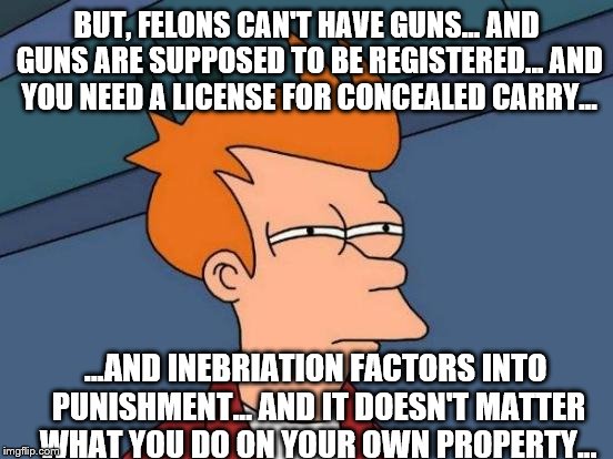 Futurama Fry Meme | BUT, FELONS CAN'T HAVE GUNS... AND GUNS ARE SUPPOSED TO BE REGISTERED... AND YOU NEED A LICENSE FOR CONCEALED CARRY... ...AND INEBRIATION FA | image tagged in memes,futurama fry | made w/ Imgflip meme maker