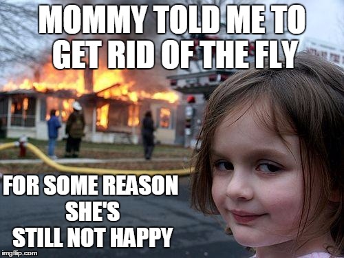 Disaster Girl Meme | MOMMY TOLD ME TO GET RID OF THE FLY FOR SOME REASON SHE'S STILL NOT HAPPY | image tagged in memes,disaster girl | made w/ Imgflip meme maker