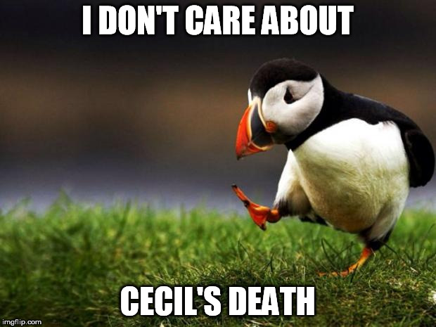 How to turn the world against you 101 | I DON'T CARE ABOUT CECIL'S DEATH | image tagged in memes,unpopular opinion puffin | made w/ Imgflip meme maker