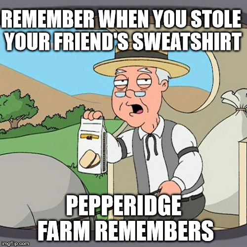 Pepperidge Farm Remembers Meme | REMEMBER WHEN YOU STOLE YOUR FRIEND'S SWEATSHIRT PEPPERIDGE FARM REMEMBERS | image tagged in memes,pepperidge farm remembers | made w/ Imgflip meme maker