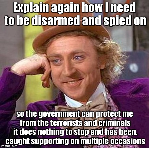 Creepy Condescending Wonka | Explain again how I need to be disarmed and spied on so the government can protect me from the terrorists and criminals it does nothing to s | image tagged in memes,creepy condescending wonka | made w/ Imgflip meme maker