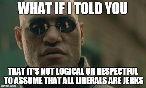 Matrix Morpheus Meme | WHAT IF I TOLD YOU THAT IT'S NOT LOGICAL OR RESPECTFUL TO ASSUME THAT ALL LIBERALS ARE JERKS | image tagged in memes,matrix morpheus | made w/ Imgflip meme maker