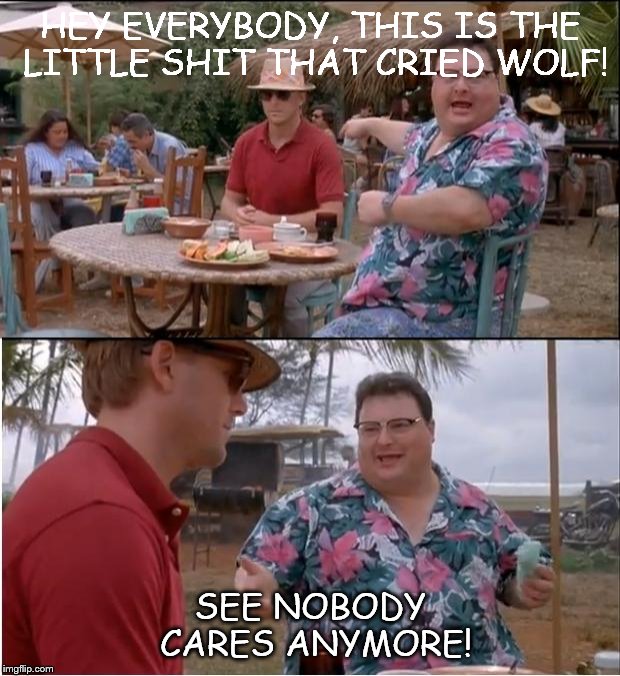 See Nobody Cares | HEY EVERYBODY, THIS IS THE LITTLE SHIT THAT CRIED WOLF! SEE NOBODY CARES ANYMORE! | image tagged in memes,see nobody cares | made w/ Imgflip meme maker
