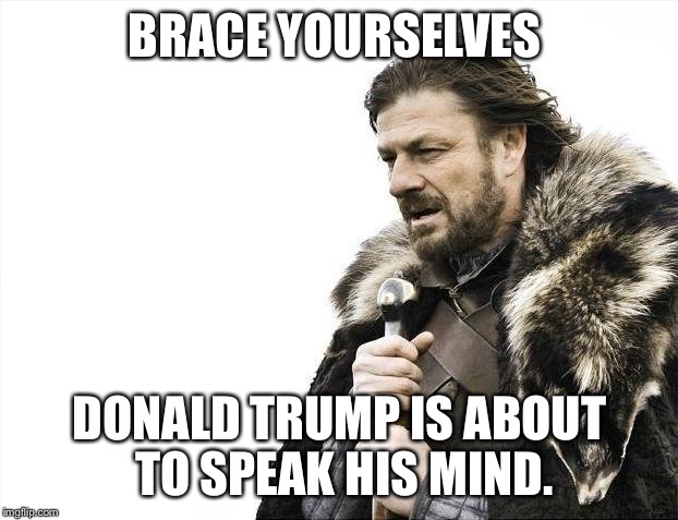 Brace Yourselves X is Coming | BRACE YOURSELVES DONALD TRUMP IS ABOUT TO SPEAK HIS MIND. | image tagged in memes,brace yourselves x is coming | made w/ Imgflip meme maker