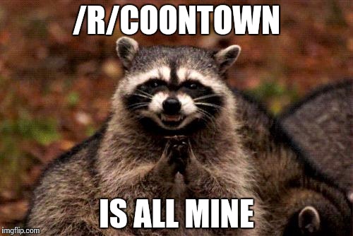 Evil Plotting Raccoon Meme | /R/COONTOWN IS ALL MINE | image tagged in memes,evil plotting raccoon | made w/ Imgflip meme maker