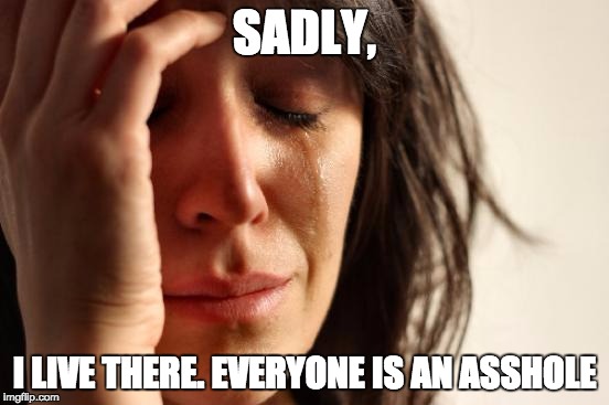 First World Problems Meme | SADLY, I LIVE THERE. EVERYONE IS AN ASSHOLE | image tagged in memes,first world problems | made w/ Imgflip meme maker