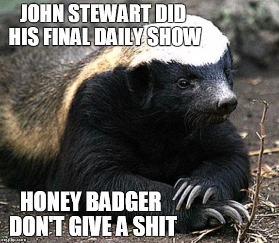 John Stewart's last show | JOHN STEWART DID HIS FINAL DAILY SHOW HONEY BADGER DON'T GIVE A SHIT | image tagged in honey badger,memes | made w/ Imgflip meme maker