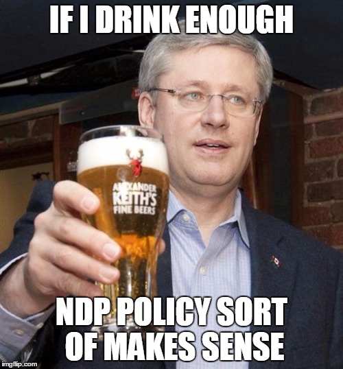 HarperBeer | IF I DRINK ENOUGH NDP POLICY SORT OF MAKES SENSE | image tagged in harper | made w/ Imgflip meme maker