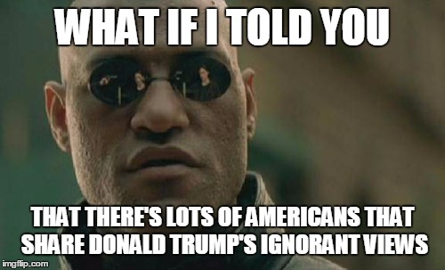 Matrix Morpheus | WHAT IF I TOLD YOU THAT THERE'S LOTS OF AMERICANS THAT SHARE DONALD TRUMP'S IGNORANT VIEWS | image tagged in memes,matrix morpheus | made w/ Imgflip meme maker
