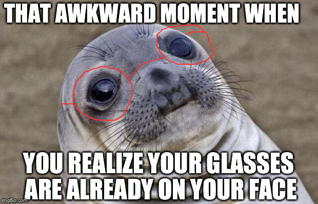 Awkward Moment Sealion | THAT AWKWARD MOMENT WHEN YOU REALIZE YOUR GLASSES ARE ALREADY ON YOUR FACE | image tagged in memes,awkward moment sealion | made w/ Imgflip meme maker