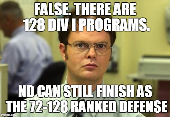 Dwight Schrute Meme | FALSE. THERE ARE 128 DIV I PROGRAMS. ND CAN STILL FINISH AS THE 72-128 RANKED DEFENSE | image tagged in memes,dwight schrute | made w/ Imgflip meme maker