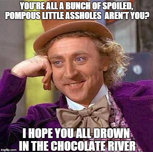 Creepy Condescending Wonka | YOU'RE ALL A BUNCH OF SPOILED, POMPOUS LITTLE ASSHOLES  AREN'T YOU? I HOPE YOU ALL DROWN IN THE CHOCOLATE RIVER | image tagged in memes,creepy condescending wonka | made w/ Imgflip meme maker
