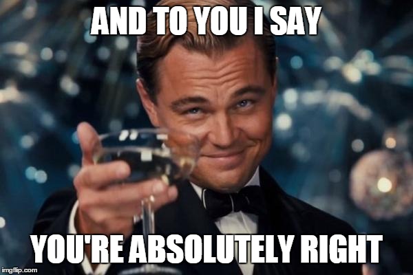 Leonardo Dicaprio Cheers Meme | AND TO YOU I SAY YOU'RE ABSOLUTELY RIGHT | image tagged in memes,leonardo dicaprio cheers | made w/ Imgflip meme maker