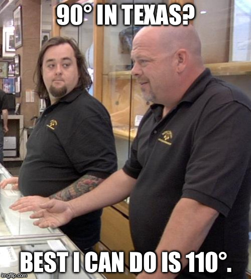 pawn stars rebuttal | 90° IN TEXAS? BEST I CAN DO IS 110°. | image tagged in pawn stars rebuttal | made w/ Imgflip meme maker