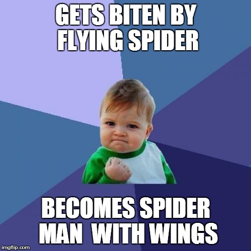 Success Kid Meme | GETS BITEN BY FLYING SPIDER BECOMES SPIDER MAN  WITH WINGS | image tagged in memes,success kid | made w/ Imgflip meme maker