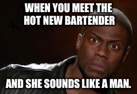 Kevin Hart Meme | WHEN YOU MEET THE HOT NEW BARTENDER AND SHE SOUNDS LIKE A MAN. | image tagged in memes,kevin hart the hell | made w/ Imgflip meme maker