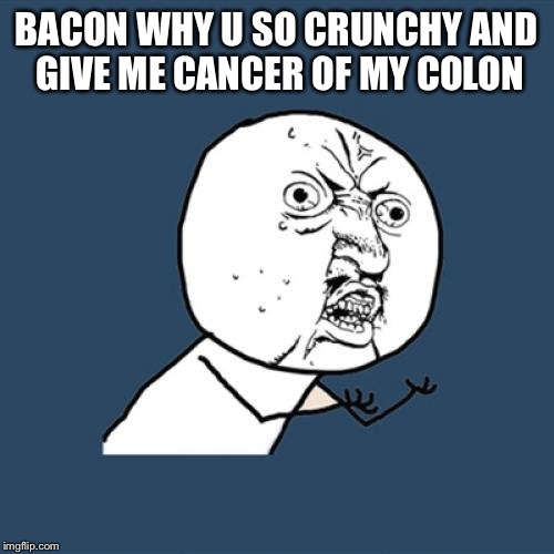 Y U No Meme | BACON WHY U SO CRUNCHY AND GIVE ME CANCER OF MY COLON | image tagged in memes,y u no | made w/ Imgflip meme maker