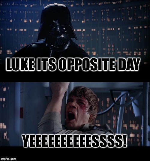 Star Wars No Meme | LUKE ITS OPPOSITE DAY YEEEEEEEEEESSSS! | image tagged in memes,star wars no | made w/ Imgflip meme maker