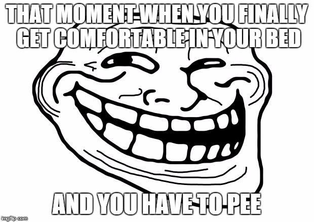 Trollface  | THAT MOMENT WHEN YOU FINALLY GET COMFORTABLE IN YOUR BED AND YOU HAVE TO PEE | image tagged in trollface | made w/ Imgflip meme maker