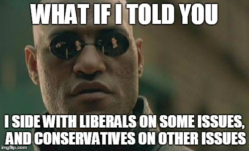 Matrix Morpheus | WHAT IF I TOLD YOU I SIDE WITH LIBERALS ON SOME ISSUES, AND CONSERVATIVES ON OTHER ISSUES | image tagged in memes,matrix morpheus | made w/ Imgflip meme maker