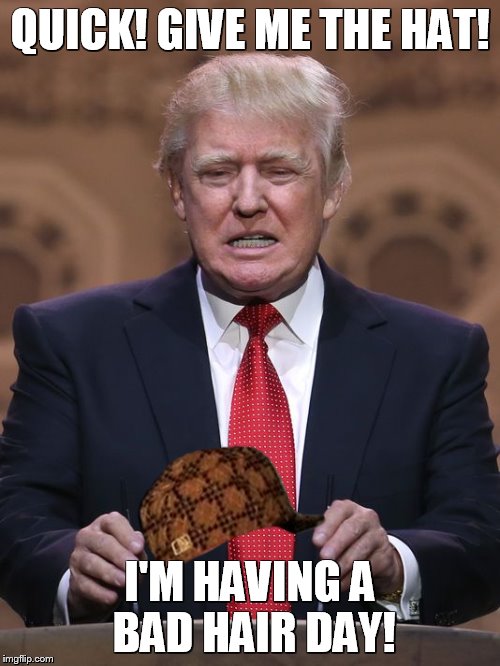 Donald Trump Hat | QUICK! GIVE ME THE HAT! I'M HAVING A BAD HAIR DAY! | image tagged in donald trump,scumbag | made w/ Imgflip meme maker