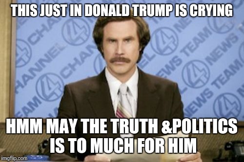 Ron Burgundy Meme | THIS JUST IN DONALD TRUMP IS CRYING HMM MAY THE TRUTH &POLITICS IS TO MUCH FOR HIM | image tagged in memes,ron burgundy | made w/ Imgflip meme maker