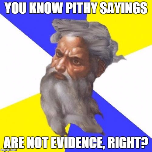 Pithy sayings | YOU KNOW PITHY SAYINGS ARE NOT EVIDENCE, RIGHT? | image tagged in memes,advice god | made w/ Imgflip meme maker