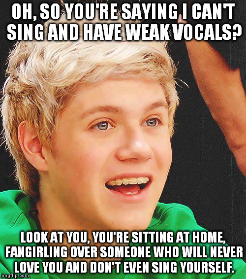 Optimistic Niall | OH, SO YOU'RE SAYING I CAN'T SING AND HAVE WEAK VOCALS? LOOK AT YOU, YOU'RE SITTING AT HOME, FANGIRLING OVER SOMEONE WHO WILL NEVER LOVE YOU | image tagged in memes,optimistic niall | made w/ Imgflip meme maker