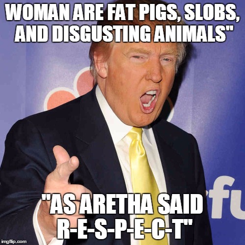 donald trump | WOMAN ARE FAT PIGS, SLOBS, AND DISGUSTING ANIMALS" "AS ARETHA SAID R-E-S-P-E-C-T" | image tagged in donald trump | made w/ Imgflip meme maker