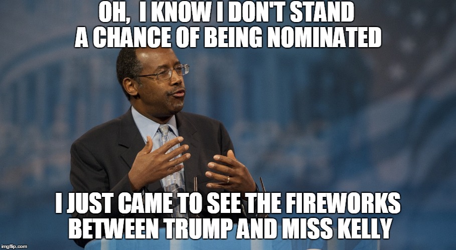 Ben Carson Hands | OH,  I KNOW I DON'T STAND A CHANCE OF BEING NOMINATED I JUST CAME TO SEE THE FIREWORKS BETWEEN TRUMP AND MISS KELLY | image tagged in ben carson hands | made w/ Imgflip meme maker