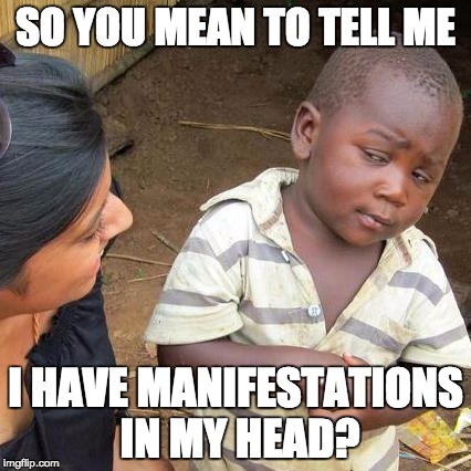 This kid is discussing with a member of Disney about a recent film he saw. | SO YOU MEAN TO TELL ME I HAVE MANIFESTATIONS IN MY HEAD? | image tagged in memes,third world skeptical kid | made w/ Imgflip meme maker