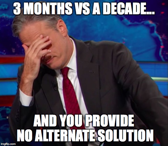 Jon Stewart Face-palm | 3 MONTHS VS A DECADE... AND YOU PROVIDE NO ALTERNATE SOLUTION | image tagged in jon stewart face-palm | made w/ Imgflip meme maker