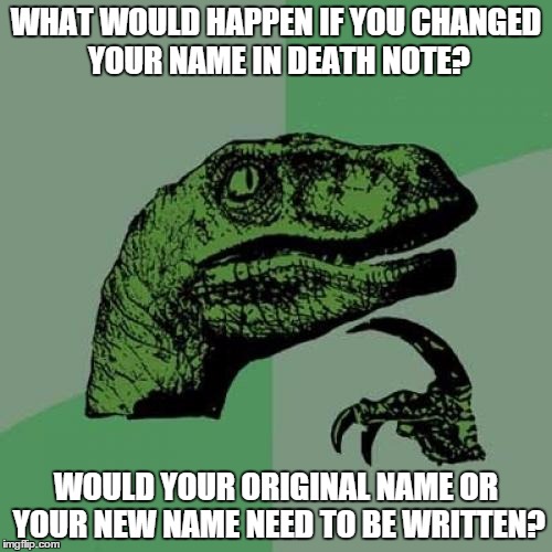 Philosoraptor Meme | WHAT WOULD HAPPEN IF YOU CHANGED YOUR NAME IN DEATH NOTE? WOULD YOUR ORIGINAL NAME OR YOUR NEW NAME NEED TO BE WRITTEN? | image tagged in memes,philosoraptor | made w/ Imgflip meme maker