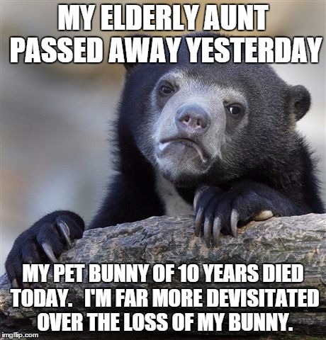 Confession Bear Meme | MY ELDERLY AUNT PASSED AWAY YESTERDAY MY PET BUNNY OF 10 YEARS DIED TODAY.   I'M FAR MORE DEVISITATED OVER THE LOSS OF MY BUNNY. | image tagged in memes,confession bear,ConfessionBear | made w/ Imgflip meme maker