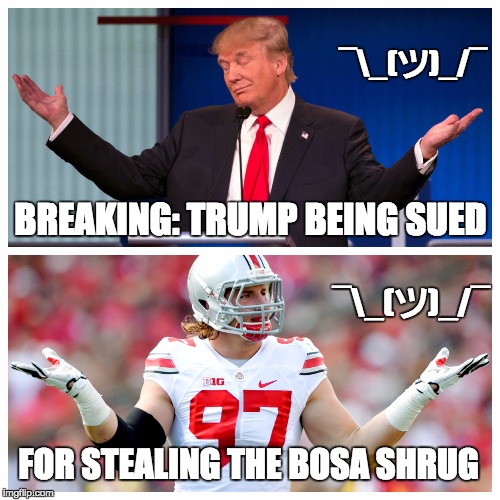 Donald Trump Shrug | BREAKING: TRUMP BEING SUED FOR STEALING THE BOSA SHRUG ¯_(ツ)_/¯ ¯_(ツ)_/¯ | image tagged in donald trump,ohio state,politics,college football,republicans | made w/ Imgflip meme maker