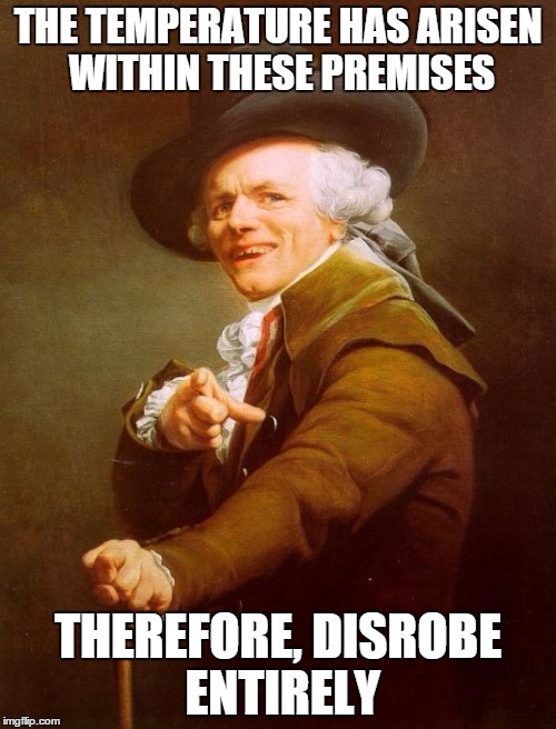 Joseph Ducreux Meme | THE TEMPERATURE HAS ARISEN WITHIN THESE PREMISES THEREFORE, DISROBE ENTIRELY | image tagged in memes,joseph ducreux | made w/ Imgflip meme maker