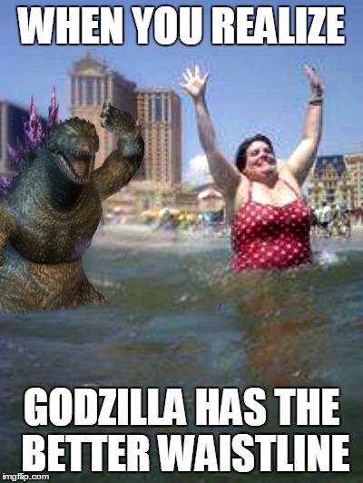 WHEN YOU REALIZE GODZILLA HAS THE BETTER WAISTLINE | image tagged in godzilla and friend | made w/ Imgflip meme maker