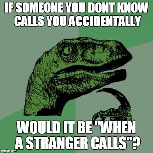 Philosoraptor | IF SOMEONE YOU DONT KNOW CALLS YOU ACCIDENTALLY WOULD IT BE ''WHEN A STRANGER CALLS''? | image tagged in memes,philosoraptor | made w/ Imgflip meme maker